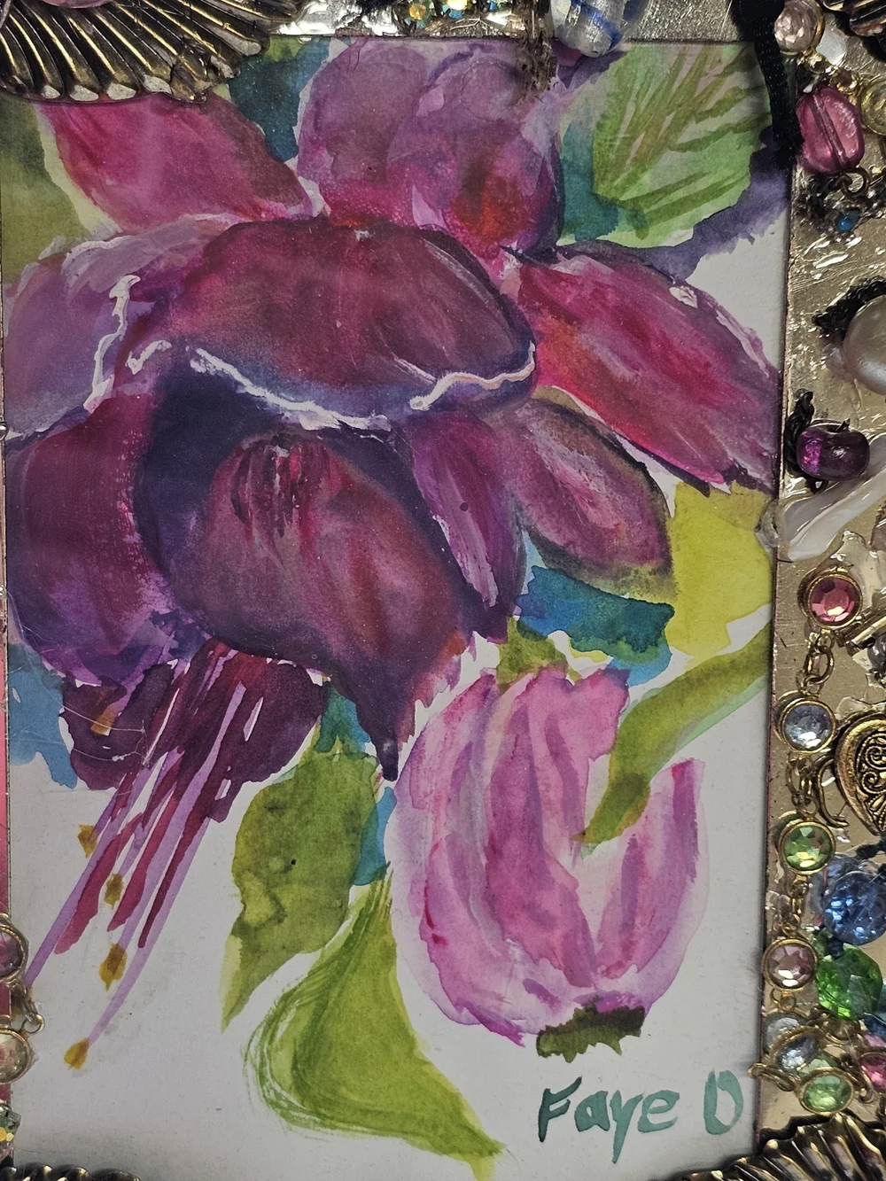 Artist Made Mixed Media Picture Frame Beaded Jewelry Mosaic Floral Art Frame